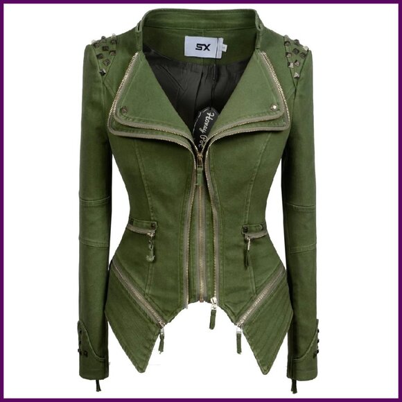 Faux Leather Moto Jacket with Rivet Details, Size L, Double Zipper
